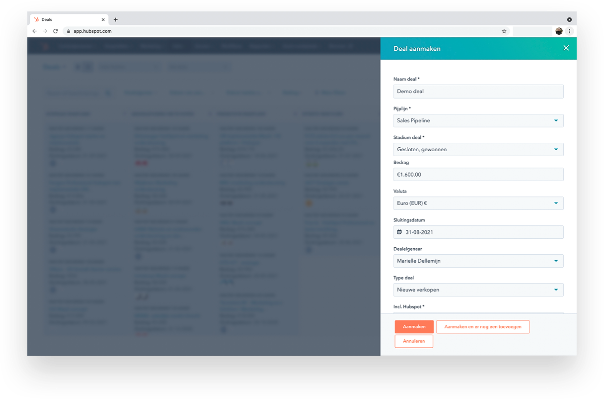 HubSpot sales hub voorbeeld deal aanmaken